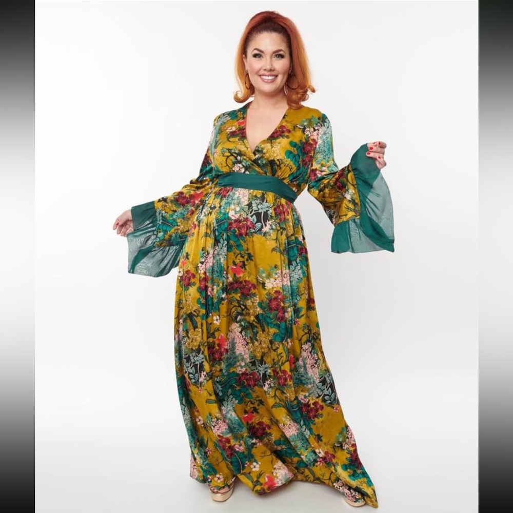 UNIQUE VINTAGE Yellow & Teal Floral Print Maxi Dress SOLD OUT online